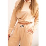 Kesi Włoski Women's velour tracksuit with wide legs and a hooded sweatshirt beige | ePonuda.com