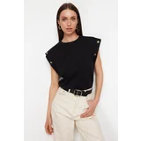 Trendyol Black 100% Cotton Button Detailed Wadding Look Basic Crew Neck Knitted T-Shirt