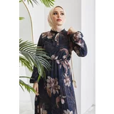 InStyle Serena Floral Pattern Pleated Chiffon Dress - Navy Blue