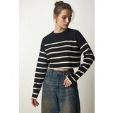 Happiness İstanbul Women's Black Ribbed Striped Crop Knitwear Sweater Cene