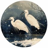  Okrugla fototapeta - Herons over a winter pond - Japanese-style illustration in dark colours 140x140 | shoptok.hr