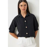 Happiness İstanbul Women's Black Balloon Sleeve Linen Ayrobin Shirt