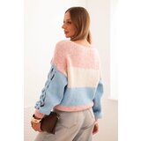 Kesi Włoski Women's striped sweater with braids on the sleeves made of wool light pink + blue | Eponuda.ba