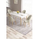 Hanah home trpezarijski set Roz, sto na razvlačenje i 4 stolice, bela ploča, noge u prirodnoj boji drveta, krem tkanina Babyface | Eponuda.com