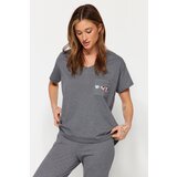 Trendyol Gray Black 100% Cotton Pocket Printed Wide Fit Tshirt-Pants Knitted Pajama Set Cene