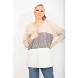 Şans Women's Plus Size Mink Casual Cut Soft Fabric Color And Pattern Combined Sweatshirt