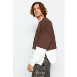 Trendyol Brown Men's Oversize Zipper Detail Color Block Sweatshirt with a Soft Pillow interior.