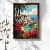 Wallxpert uramljena MDF slika NAL090-46, primorsko mesto sa belim kućama, palmama i crvenim cvećem nad tirkiznim morem, 35,5 x 47 cm | Eponuda.com