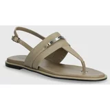 Calvin Klein Usnjeni sandali FLAT TP SANDAL METAL BAR LTH ženski, bež barva, HW0HW02031