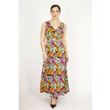 Şans Women's Colorful Plus Size Multicolored Long Dress with Wrapped Neck Cene