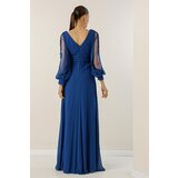By Saygı V-Neck Front Draped Lined Sleeves Tulle Guipure Detailed Wide Size Chiffon Long Dress | Shoptok.si