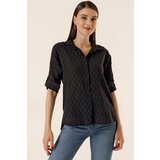 By Saygı Button-Front Polo Collar Shirt with Buttons, Folded Sleeves Black Cene