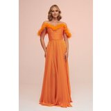 Carmen Orange Chiffon Feathered Slit Long Evening Dress Cene