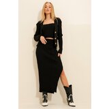 Trend Alaçatı Stili Women's Black Slit Skirt Strap Top And Knitwear Cardigan 3-Piece Suit Cene