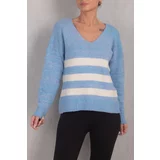 armonika Women's Blue Lily V-Neck Striped Knitwear Sweater