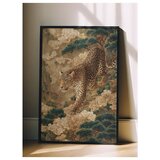 Wallxpert uramljena slika 115251, leopard među borovima i belim cvetovima, 30 x 40 cm, crni ram u