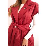Kesi Włoski Women's quilted vest with a belt and wide collar burgundy | shoptok.hr