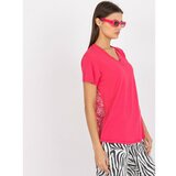 Fashion Hunters Pink asymmetrical blouse with lace and short sleeves Cene