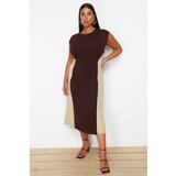 Trendyol Curve Brown-Beige Color Block Midi Crepe Knitted Plus Size Dress Cene