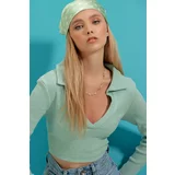 Trend Alaçatı Stili Women's Turquoise Polo Neck Corduroy Soft Textured Crop Blouse