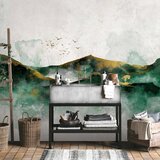  Foto tapeta - Abstract landscape - green mountains with golden patterns and birds 400x280 Vodootporna | shoptok.hr