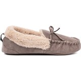 Shelvt Dark beige slippers with a bow and a fluffy moccasin interior Cene
