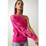  Women's Fuchsia Window Detailed Single Sleeve Knitwear Sweater | shoptok.hr