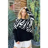 Trend Alaçatı Stili Women's Black Boat Neck Pattern Block Winter Sweater
