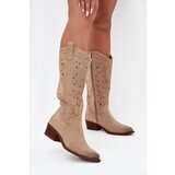 Boto Cowboy Boots With Perforated Pattern On Low Heel Beige Selirae Cijene