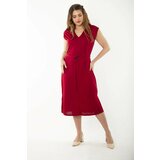 Şans Women's Plus Size Burgundy V-Neck Belted Waist Jersey Dress cene