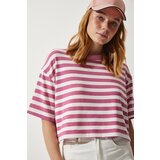 Happiness İstanbul women's pale pink crew neck striped crop knitted t-shirt Cene