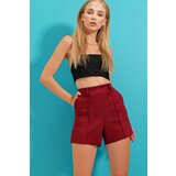 Trend Alaçatı Stili Women's Claret Red High Waist Double Pockets Stitched Front Suede Shorts
