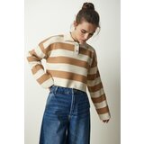 Happiness İstanbul Women's Cream Biscuit Stylish Buttoned Collar Striped Crop Knitwear Sweater Cene