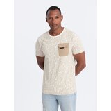 Ombre Men's cotton t-shirt with letter print and pocket - cream and brown | Shoptok.si