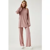 Happiness İstanbul Women's Powder Ribbed Knitted Blouse With Trousers Suit