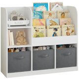 Kinder Home Dečiji organizator polica za knjige sa policama za igračke i knjige, 3 tekstilne kutije, drveni, beli, 92x30x80 cm, Montesori Cene