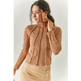 Olalook Women's Leopard Brown Crop Blouse with Stand Up Collar Lycra