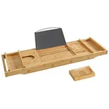 BCB88Y Raztegljiva bambusova polica za kad s pijačo, stojalo za knjige, podstavek za milo 75-109 x 4,5 x 23 cm (ŠxVxG), Natural, (75-109) x4,5 x 23 cm, (21387315)