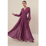 By Saygı Double-breasted Collar Long Sleeves Lined Chiffon Long Dress Dry Rose Cene