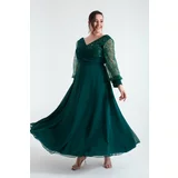 Lafaba Women's Plus Size Emerald Green Sleeves Beaded Evening Dress