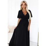 numoco basic 545-5 Long dress with pleated neckline and tie - black | Shoptok.si