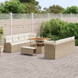 vidaXL 11-dijelni vrtni sofa set s jastučićima bež poli ratan akacija, 2-sjedalna vrtna sofa s pohranom i jastučićima bež poli ratan, 3-dijelni vrtni set za objedovanje s jastučićima bež poli ratan akacija | shoptok.hr
