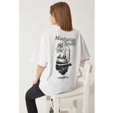  Women's White Printed Oversize Two Thread Knitted T-Shirt