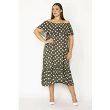 Şans Women's Plus Size Khaki Neck Elastic And Flounce Detailed Woven Viscose Fabric Dress