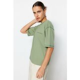 Trendyol Green 100% Cotton Bedstead Stitched and Printed Relaxed/Wide, Comfortable-Cut Knitted T-Shirt cene