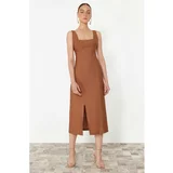 Trendyol Brown A-line Square Collar Slit Strap Midi Woven Dress