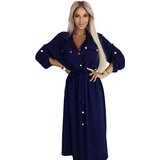 numoco basic 531-6 Midi Shirt Dress with Gold Buttons and Tie - Navy Blue | shoptok.hr