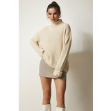  Women's Cream Button Detailed Turtleneck Oversize Knitwear Sweater | shoptok.hr
