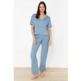 Trendyol Blue Ribbed Knitted Pajamas Set
