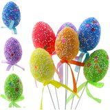  Easter Eggs On A Wire Pick Colorful White Patterns Ribbon Decoration 6pcs | shoptok.hr